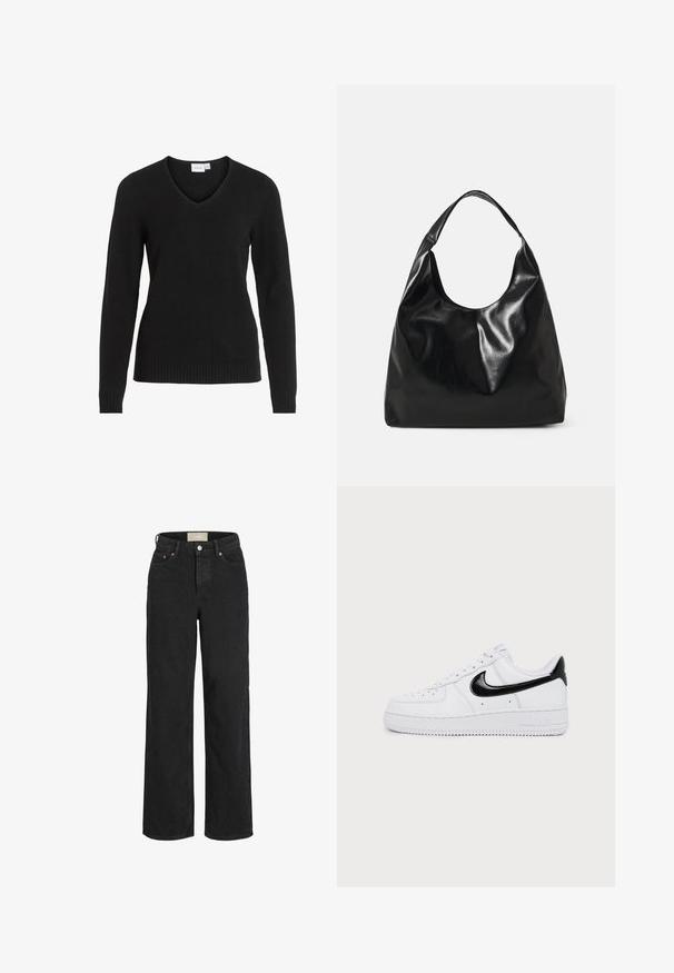 Schwarzer V-Ausschnitt-Pullover aus weichem Material, mit langen Ärmeln, geripptem Saum und Bündchen sowie einem einfachen und klassischen Design.; Schwarze Jeans mit hoher Taille und geradem Bein, mit vorderem Knopf und Reißverschluss, Gürtelschlaufen und Fünf-Taschen-Design.; Weißer Low-Top-Sneaker mit schwarzem Nike-Swoosh und Fersendetail, Schnürdesign und perforierter Zehenpartie auf hellem, einfarbigem Hintergrund.; Schwarze Leder-Hobo-Tasche mit einer weichen, glänzenden Textur und einem runden, offenen Oberteil. Verfügt über einen breiten, gebogenen Tragegurt. Keine sichtbaren Beschläge.