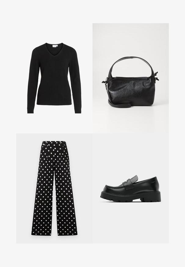 Zwarte V-hals trui van zachte stof, met lange mouwen, ribbels aan de zoom en manchetten, in een eenvoudig en klassiek ontwerp.; Zwarte brede pijpen broek met witte polka dots, hoge taille en een tailleband met knopen.; Zwarte leren instappers met een chunky, gestructureerde zool, voorzien van een band over de voet en een gladde, gepolijste afwerking.; Zwarte leren handtas met een gestructureerd ontwerp, een ronde bovenhandgreep en een afneembare schouderriem. Beschikt over een gladde textuur en een subtiele glans.