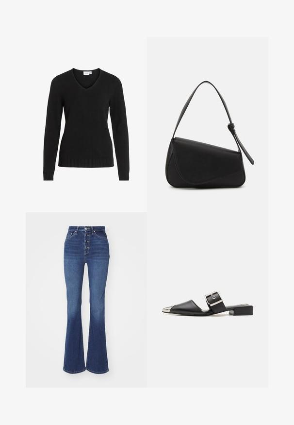 Schwarzer V-Ausschnitt-Pullover aus weichem Material, mit langen Ärmeln, geripptem Saum und Bündchen sowie einem einfachen und klassischen Design.; Hochtaillierte, ausladende Jeans in Dunkelblau mit Knopfverschluss und fünf Taschen. Glatte Textur mit dezenten Verblassungen an den Knien.; Schwarze Leder-Sandale mit spitzem Zeh, metallisch silberner Kappe und verstellbarem Schnallenriemen. Flacher Blockabsatz für zusätzlichen Halt.; Schwarze Lederhandtasche mit dreieckiger Form, schrägem Klappdeckel und rundem Oberhandgriff. Verfügt über eine glatte Textur und minimalistische Designdetails.