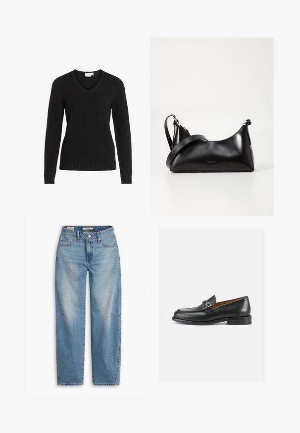 Schwarzer V-Ausschnitt-Pullover aus weichem Material, mit langen Ärmeln, geripptem Saum und Bündchen sowie einem einfachen und klassischen Design.; Hellblaue Jeans aus Denim mit lockerem Schnitt, geradem Bein, Knopfleiste und Fünf-Taschen-Stil sowie dezenten Verblassungen und Ziernähten.; Schwarze Leder-Loafer mit gestepptem Design, ausgestattet mit einer doppelten Schnallendekoration und einem leicht erhöhten Absatz für zusätzlichen Halt.; Schwarze lederne Handtasche mit glatter Textur. Verfügt über einen verstellbaren Riemen und ein elegantes, minimalistisches Design mit einem Reißverschluss.