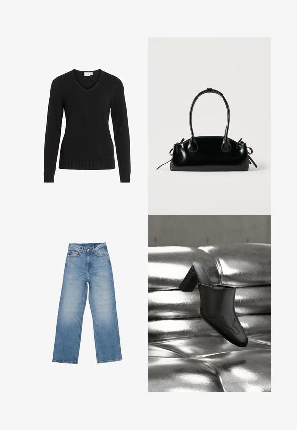 Sort V-hals sweater lavet af blødt stof, med lange ærmer, ribbet kant og manchetter, i et enkelt og klassisk design.; Lyseblå denimjeans har en lige ben design, fem lomme stil og en knaplukning. Stoffet har en falmet tekstur.; Sort lædermule med blokhæl hvilende på en skinnende sølvpolstret overflade, der fremhæver dens elegante design og buede detaljer.; Lille sort blank håndtaske med to lange håndtag og snøre-detaljer i siden på en ensfarvet lys baggrund.
