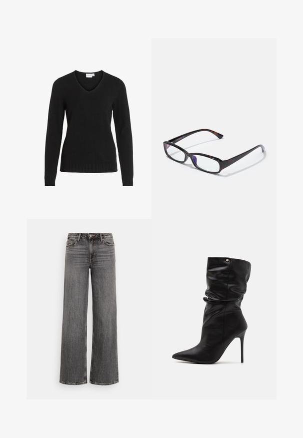 Sudadera negra de cuello en V, hecha de un tejido suave, con mangas largas, dobladillo y puños acanalados, y un diseño simple y clásico.; Weekday AMPLE LOW LOOSE - Vaqueros boyfriend - black thunder; Even&Odd Wide Fit by Zalando Botines - black; Gafas rectangulares con un patrón de carey, armazón de plástico negro y lentes transparentes. Presentan patillas delgadas y una ligera curvatura en los extremos.
