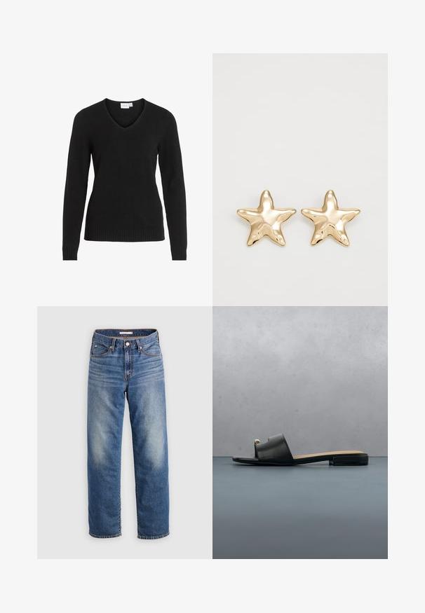 Sort V-hals sweater lavet af blødt stof, med lange ærmer, ribbet kant og manchetter, i et enkelt og klassisk design.; Lyseblå denimjeans med lige ben, der har knapgylp, forlommer og let falmede områder ved låret.; Sort slip-on sandal med tå-loop og guldbeslag, beige indersål med mærket "GUESS," placeret på tæppe foran ravfarvet møbel.; Guldstjernede øreringe med en glat, skinnende finish og tredimensionelt design, der har fem spidser og en let buet overflade.