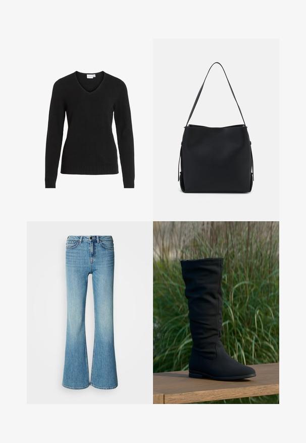 Schwarzer V-Ausschnitt-Pullover aus weichem Material, mit langen Ärmeln, geripptem Saum und Bündchen sowie einem einfachen und klassischen Design.; Hellblaue Jeans mit ausgestelltem Bein aus Denim. Verfügt über ein klassisches Fünf-Taschen-Design, Knopfverschluss und einen verblassten Effekt am Saum.; Schwarzer kniehoher Stiefel aus weichem Stoff mit schlabberndem Design, spitz zulaufender Schuhspitze und flacher Sohle, vor einem grasbewachsenen Hintergrund.; Pieces PCBONY - Handtasche - black