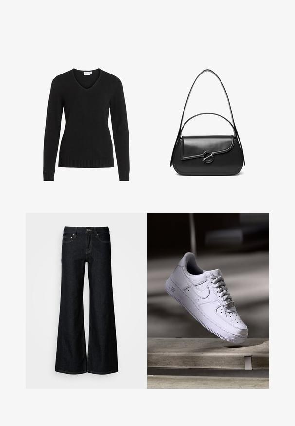 Zwarte V-hals trui van zachte stof, met lange mouwen, ribbels aan de zoom en manchetten, in een eenvoudig en klassiek ontwerp.; Donkere denim jeans met wijde pijpen, een hoge taille, een ontwerp met vijf zakken en contrasterende gele stiksels langs de naden.; Witte Nike Air Force 1 sneaker die zweeft boven een betonnen oppervlak met schaduwen in een minimalistische setting.; Zwarte leren schoudertas met een gebogen klep die is bevestigd met een ronde metalen sluiting en een smalle, verstelbare band.