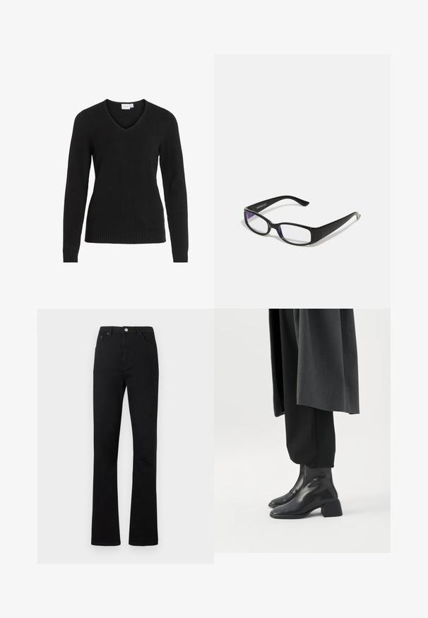 Schwarzer V-Ausschnitt-Pullover aus weichem Material, mit langen Ärmeln, geripptem Saum und Bündchen sowie einem einfachen und klassischen Design.; Schwarze Jeans mit hohem Bund und geradem Bein, vorne mit Taschen, Gürtelschlaufen und silbernem Knopfverschluss.; Schwarze Leder-Stiefeletten mit niedrigen Blockabsätzen, getragen zu schwarzen Hosen und einem dunkelgrauen langen Mantel.; Schwarze rechteckige Brille mit klaren Gläsern. Glänzende Oberfläche, schmale Bügel und lila Tönung an den Rändern der Gläser sichtbar.