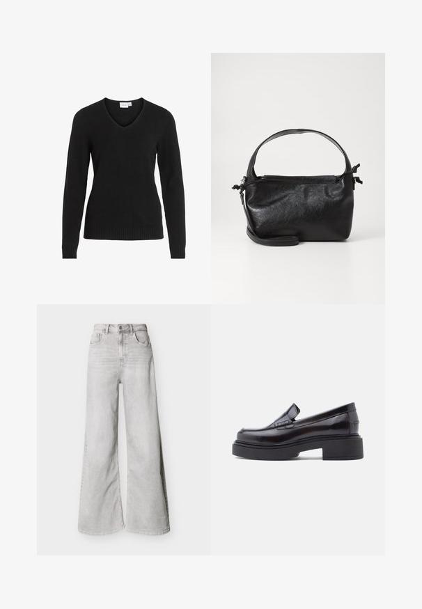 Sort V-hals sweater lavet af blødt stof, med lange ærmer, ribbet kant og manchetter, i et enkelt og klassisk design.; Lysegrå jeans med vid ben lavet af denim, med høj talje, forlommer og knaplukning. Glat tekstur med et diskret falmet look.; Sorte patenterede læder loafers med en bred firkantet tå, hævet sål og minimal syning på vampen. Flad, chunky gummisål.; Sort læderhåndtaske med et struktureret design, rund tophåndtag og aftagelig skulderrem. Den har en glat tekstur og en subtil glans.