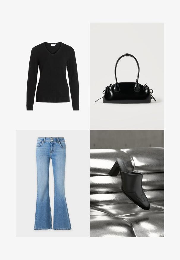 Schwarzer V-Ausschnitt-Pullover aus weichem Material, mit langen Ärmeln, geripptem Saum und Bündchen sowie einem einfachen und klassischen Design.; Hellblaue Jeans aus Denim mit ausgestelltem Bein, zwei Taschen vorne und hinten sowie einem doppelten Knopfverschluss in der Taille.; Schwarzer Leder-Mule mit Blockabsatz, der auf einer glänzenden silbernen, gepolsterten Oberfläche liegt und sein schlankes Design sowie die geschwungenen Details hervorhebt.; Kleine schwarze glänzende Handtasche mit zwei langen Griffen und seitlichen Kordelzug-Details vor einfachem hellem Hintergrund.