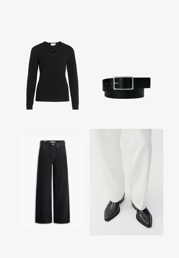 Sort V-hals sweater lavet af blødt stof, med lange ærmer, ribbet kant og manchetter, i et enkelt og klassisk design.; Sorte brede benjeans lavet af denim, med fem lommer, kobbernitter og en klassisk knaplukning. Glat tekstur med et rent design.; Sorte spidse ankelstøvler med en glat læderoverflade, lave blokhæle, og parret med hvide brede bukser. Enkel og moderne design.; Sort læderbælte med sølv rektangulært spænde og flere justeringshuller, lagt fladt på en hvid baggrund.