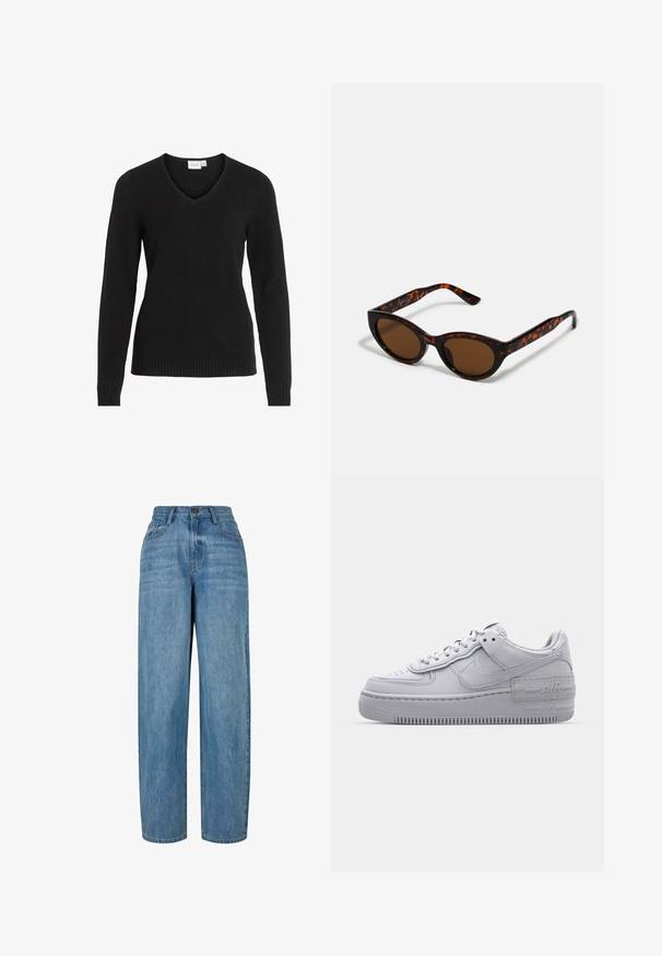 Schwarzer V-Ausschnitt-Pullover aus weichem Material, mit langen Ärmeln, geripptem Saum und Bündchen sowie einem einfachen und klassischen Design.; Hellblaue Jeans aus Denim mit geradem Schnitt, ausgestattet mit einem Knopfverschluss, fünf Taschen und subtilen Ausbleichungen im gesamten Stoff.; Graue Nike Air Force 1 Sneaker mit perforierter Zehenpartie, Obermaterial aus glattem Leder, dicker Sohle und geprägtem 'AIR'-Detail an der Ferse.; Braune Schildpatt-Sonnenbrille mit einer Vintage-Cat-Eye-Form und braunen Gläsern. Verfügt über gebogene Bügel mit roten Akzenten.