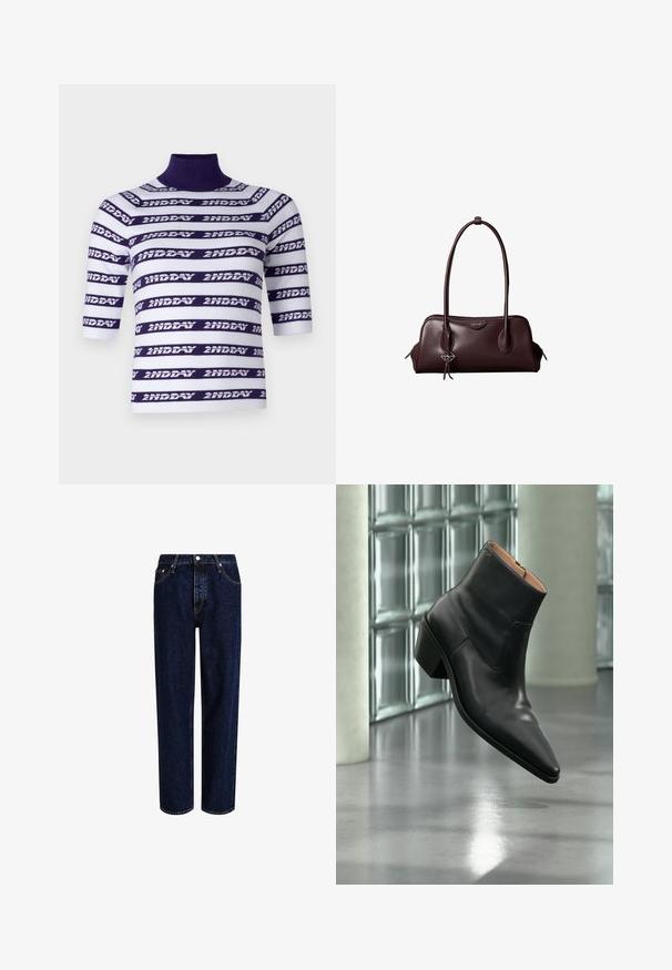 Top en tricot à manches courtes avec un col montant, présentant des rayures horizontales blanches et violettes ornées du texte "2ND DAY."; Jeans en denim bleu foncé avec une coupe droite, dotés d'une taille haute, d'un style à cinq poches et de coutures contrastantes. Sans embellissements.; Bottine en cuir noir avec un bout pointu et un talon carré lévitant au-dessus d'un sol gris réfléchissant près d'un mur en blocs de verre.; Sac à main en cuir brun foncé Calvin Klein avec de longues poignées doubles et un petit porte-clé logo suspendu à une poignée.