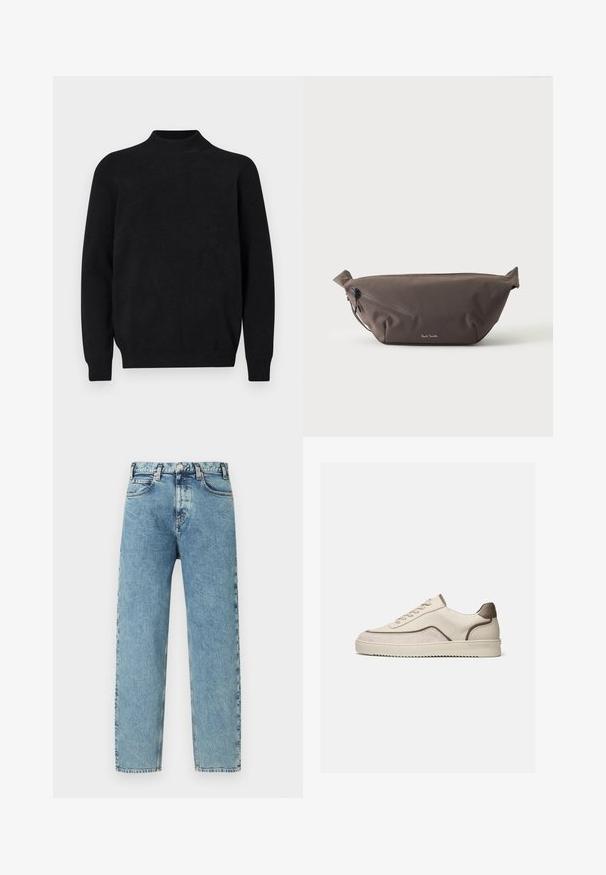 Pull en tricot noir avec un col montant, des manches longues et une texture côtelée. Design simple et uni avec une coupe décontractée et sans motifs visibles.; Jeans en denim bleu clair avec une coupe droite, cinq poches et fermeture par bouton en laiton. Le tissu présente une texture légèrement usée et un aspect délavé.; Baskets basses beiges à lacets, panneaux en suède et cuir, semelle en caoutchouc rainurée sur fond blanc uni.; Sac banane en tissu marron foncé avec poche zippée en diagonale et petit logo blanc sur le devant, sur un fond clair uni.