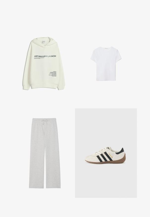 Hvid hættejakke med sort tekst "KUNSTGALLERI LANSERING, 147 Johnson Ave, Warehouse 5, Brooklyn, NY 11206" og en poetisk sætning på forsiden.; Hvid kortærmet t-shirt lavet af blødt stof. Har en rund halsudskæring og et simpelt, rent design med en lige underkant.; Lys grå træningsbukser i blød bomuldsblanding, med en vidde ben-design, elastisk talje med justerbar snor og uden lommer.; Hvid Adidas-sneaker med sorte striber, brun tekstureret sål og "SPEZIAL" i guldbogstaver på siden, set fra ydersiden.
