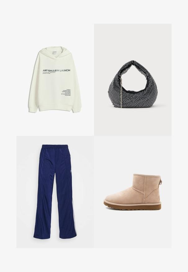Sweatshirt blanc avec le texte noir "LANCEMENT DE GALERIE D'ART, 147 Johnson Ave, Entrepôt 5, Brooklyn, NY 11206" et une phrase poétique sur le devant.; Pantalons de sport navy avec une taille élastique, jambes droites et zippers sur les côtés. Présente des passepoils blancs le long des côtés. Texture de tissu lisse.; Bottine en daim beige à bout arrondi, avec des accents cousus et une semelle en caoutchouc brun texturé. Elle se distingue par une languette à l'arrière.; Sac à main en maille noire orné de clous en argent, avec une poignée incurvée et une bandoulière en chaîne. Texture douce avec une forme arrondie.