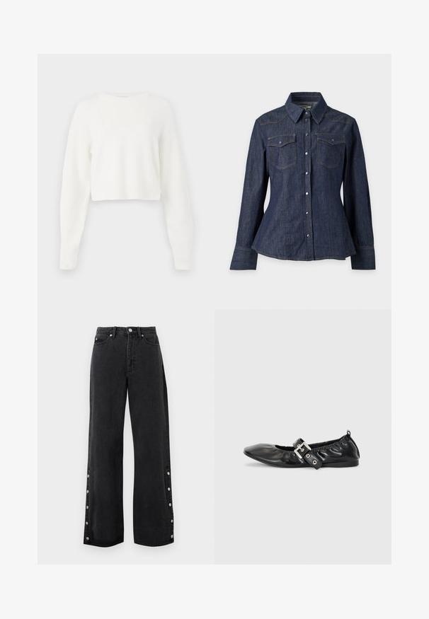 Hvid cropped sweater med lange ærmer, ribbet struktur og rund halsudskæring. Lavet af blødt, let materiale.; Mørkeblå denim skjorte med knapper, lange ærmer, brystlommer med klap og spidse krave på ensfarvet baggrund.; Sorte vidde-ben-jeans med høj talje og knapdetaljer langs ydersømmene fra ankler til midt på læggen.; Sorte læder flade sko med spids tå, samling detaljer omkring åbningen, og en sølv spænde accent på den justerbare rem.