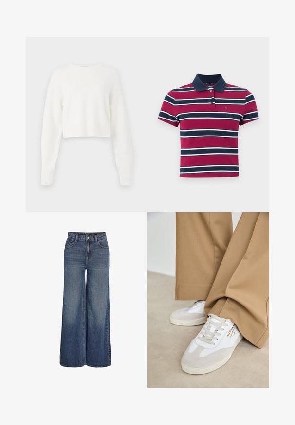Pull blanc court avec des manches longues, texture côtelée et col rond. Fabriqué en matériau doux et léger.; Polo rayé rouge et marine avec col marine, manches courtes et patte à trois boutons. Le matériau semble lisse avec une coupe classique.; Jean denim bleu à taille haute et jambes larges, avec boutons à l'avant, fermeture éclair, passants pour ceinture et poches avant, présenté sur fond blanc.; Baskets blanches avec des accents en daim, des lacets texturés et une semelle en caoutchouc. Associées à un pantalon beige ample. Logo affiché sur le côté.