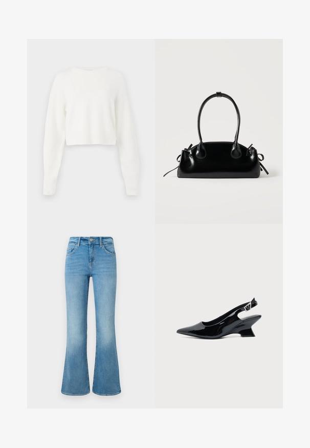 Hvid cropped sweater med lange ærmer, ribbet struktur og rund halsudskæring. Lavet af blødt, let materiale.; Lyseblå denim flare jeans med forlommer, bæltestropper og knaplukning mod en hvid baggrund.; Sort laklæder slingback sko med spids tå og lav vinklet blokhæl på ensartet lys baggrund.; Lille sort blank håndtaske med to lange håndtag og snøre-detaljer i siden på en ensfarvet lys baggrund.