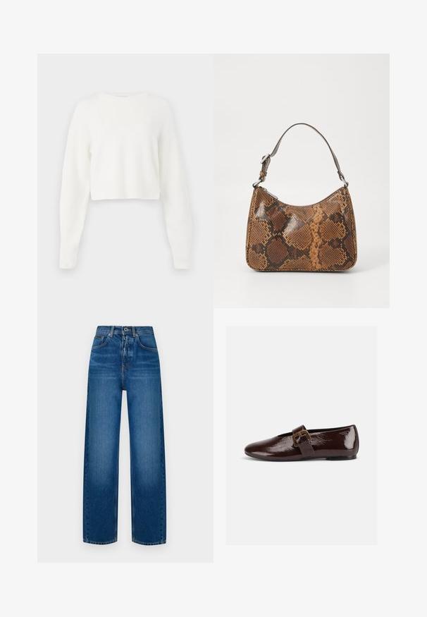 Witte cropped trui met lange mouwen, geribbelde structuur en ronde hals. Gemaakt van zachte, lichte materialen.; Wijdvallende denim jeans in vervaagd blauw. Voorzien van een knoopsluiting, klassiek vijf-pocket ontwerp en een zachte, gestructureerde afwerking.; Donkerbruine lakleren platte schoen met een grote gouden gesp en een afgeronde teen, zijaanzicht op een witte achtergrond.; Kleine handtas met een bruin en zwart slangenprintpatroon, korte verstelbare schouderriem en ritssluiting.