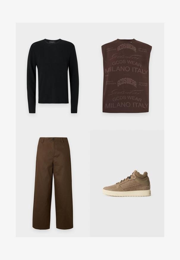 Sort bomulds sweater med lange ærmer, ribbet tekstur, rund hals og tætsiddende ærmer. Enkel design uden mønstre eller detaljer.; Brun ærmeløs top med gentaget tekst "GCDSWear," "GCDS Wear Milano Italy," og "Right Answer Wrong Places" i forskellige skrifttyper.; Brune bukser med vide ben lavet af glat stof, med knaplukning foran og sidelommer, med et rent og enkelt design.; Brune ruskinds høje sneakers med cremefarvet gummisål, polstret krave og teksturerede detaljer. Har præget branding på siderne.