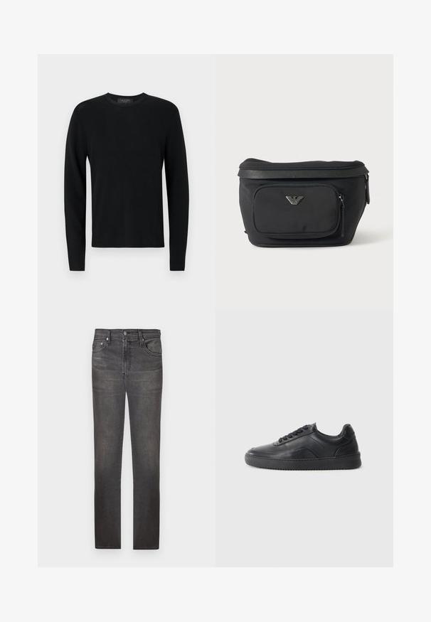 Sort bomulds sweater med lange ærmer, ribbet tekstur, rund hals og tætsiddende ærmer. Enkel design uden mønstre eller detaljer.; Mørkegrå denimjeans med lige ben-design, fem lommer, metalknaplukning og en let slidt finish på stoffet.; Sorte lædersneakers med en glat finish, rund tå, struktureret sidelæder og sorte snørebånd. Har en flad gummisål og et minimalistisk design.; Sort bæltetaske med frontlynlåslomme og sølv ørn-logo, glat stof med tekstureret kant og lynlåstræk.