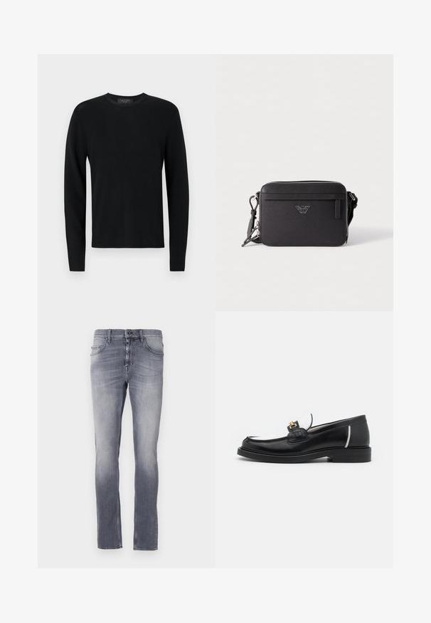 Sort bomulds sweater med lange ærmer, ribbet tekstur, rund hals og tætsiddende ærmer. Enkel design uden mønstre eller detaljer.; Grå denimjeans med en falmet vask, straight-leg design, fem lommer, bæltestropper og en metalknaplukning i taljen.; Sort læder loafers med rund tå, hvide detaljer og guldbelagte metaldele på vamps. Har et struktureret patch og stablet hæl.; Sort tekstil crossover-taske med lynlåslukning, der har en frontlomme, logo-detalje og justerbar rem. Tekstureret overflade, rektangulær form.