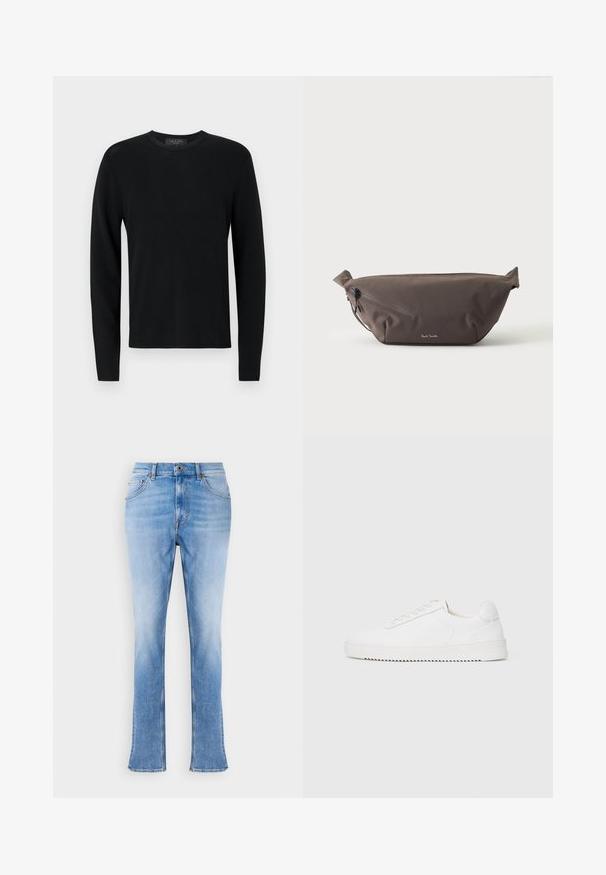 Pull longs en coton noir avec une texture côtelée, col rond et manches ajustées. Design uni sans motifs ni accents.; Jeans en denim bleu clair avec une coupe droite et des chevilles légèrement évasées. Présente un design classique à cinq poches et une fermeture à bouton en laiton.; Sneaker blanc avec une tige en cuir lisse, bout rond, lacets, accents latéraux texturés et une épaisse semelle en caoutchouc. Design minimaliste.; Sac banane en tissu marron foncé avec poche zippée en diagonale et petit logo blanc sur le devant, sur un fond clair uni.