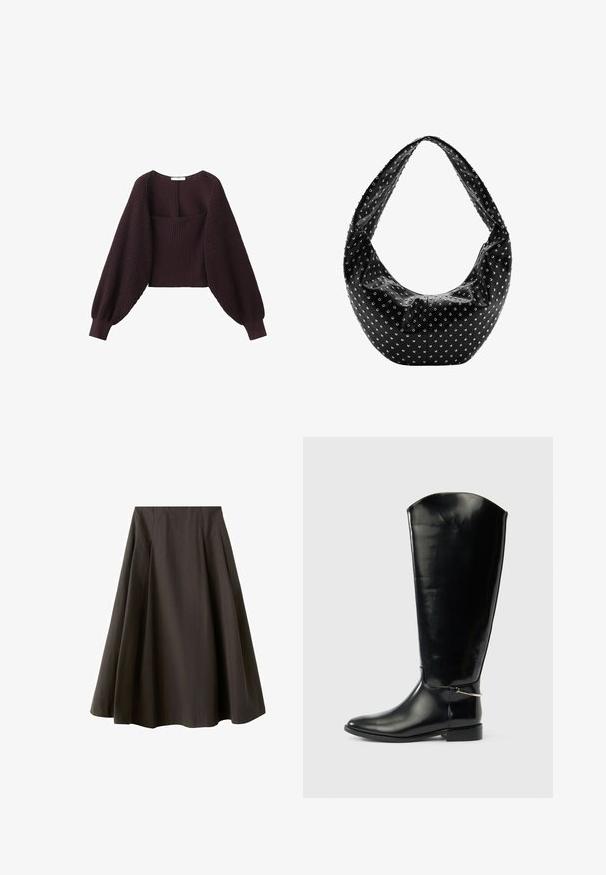 Pull en maille marron foncé avec de larges manches ballon longues et un corps ajusté côtelé, doté d'un large décolleté carré.; Jupe noire trapèze à taille haute avec ourlet évasé, fabriquée en tissu lisse, présentée sur fond blanc.; Botte haute en cuir noir avec un bout pointu, un talon bas et un détail en métal argenté à la cheville sur un fond blanc uni.; Sac à main en cuir noir à la forme souple, orné de clous en argent et doté d'une large bandoulière. Texture lisse avec un design froncé.