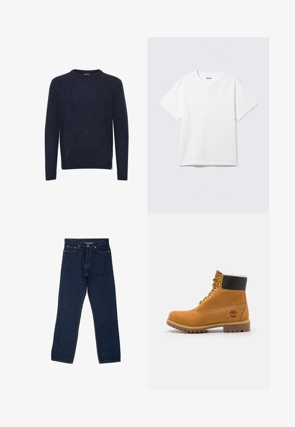 Mørkeblå langærmet sweater med rund hals, enkelt design, ingen synlige mønstre eller logoer, vist på hvid baggrund.; Hvid kortærmet crewneck T-shirt lagt fladt ud, ensfarvet design, med "WEEKDAY" mærkat inde i kraven på en lys baggrund.; Mørkeblå denimjeans med lige ben, synlig syninger i kontrasterende orange, fem lommer og en standard knaplukning.; Brune læder ankelstøvle med metaløjer, hvid pelsforing, sort polstret krave, robust sål og præget logo på siden.