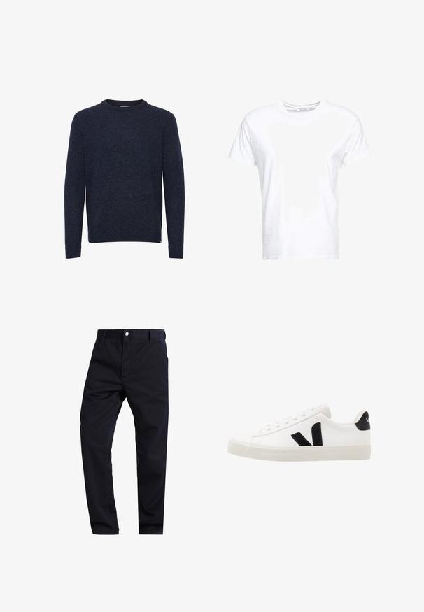 Jersey azul oscuro de manga larga y cuello redondo, diseño liso, sin patrones ni logotipos visibles, mostrado sobre un fondo blanco.; Camiseta de algodón blanca con cuello redondo y mangas cortas, con un corte clásico y una textura suave. Sin patrones ni elementos metálicos visibles.; Pantalones de un azul marino oscuro, confeccionados en una mezcla de algodón, con un diseño de pierna recta, cierre con cremallera y un único bolsillo frontal con botón de metal.; Zapatilla de cuero blanca con acentos de ante negro; presenta una suela de goma, puntera redonda y un diseño clásico de cordones. Logo lateral en negro.
