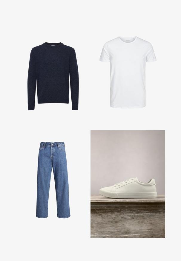 Donkerblauwe trui met lange mouwen en ronde hals, eenvoudig ontwerp, geen zichtbare patronen of logo’s, getoond op een witte achtergrond.; Ronde hals kortemouwen t-shirt in effen wit, gemaakt van zachte katoen, heeft een eenvoudig ontwerp zonder zichtbare patronen of accenten.; Lichtblauwe denimjeans met een recht model, hoge taille en minimale stiksels. De stof heeft een zachte, licht vervaagde textuur.; Witte vetersneaker die boven een houten bank zweeft met groene bladeren op de achtergrond, waarbij het ontwerp en de textuur van de schoen worden getoond.