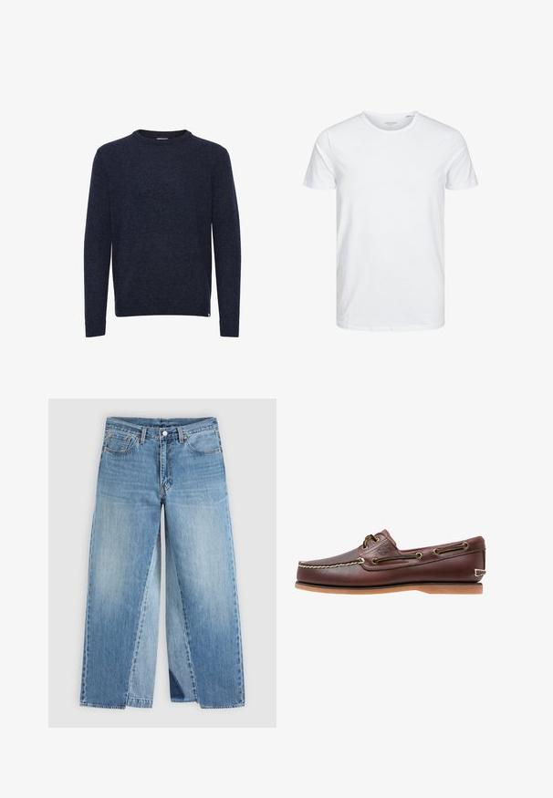 Donkerblauwe trui met lange mouwen en ronde hals, eenvoudig ontwerp, geen zichtbare patronen of logo’s, getoond op een witte achtergrond.; Ronde hals kortemouwen t-shirt in effen wit, gemaakt van zachte katoen, heeft een eenvoudig ontwerp zonder zichtbare patronen of accenten.; Blauwe spijkerbroek met rechte pijpen, klassiek ontwerp met vijf zakken en een knoopsluiting aan de voorkant, plat weergegeven op een neutrale achtergrond.; Bruine leren bootschoen met witte stiksels, veterdetails en beige rubberen zool, zijaanzicht op een witte achtergrond.