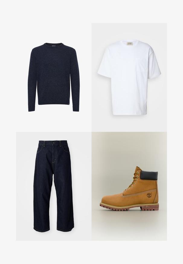 Pull bleu foncé à manches longues et col rond, design simple, sans motifs ni logos visibles, présenté sur fond blanc.; T-shirt blanc à manches courtes en coton. Comprend une poche sur la poitrine et un détail de couture subtil sur la poche. Encolure ronde.; Pantalons en denim bleu foncé avec une coupe décontractée, dotés d'un rabat à boutons, de passants de ceinture, et de coutures jaunes sur les poches et les coutures.; Bottine en cuir marron avec col noir, lacets jaunes et semelle beige. Présente un logo et des détails de couture blanche. Semelle extérieure à traction robuste.