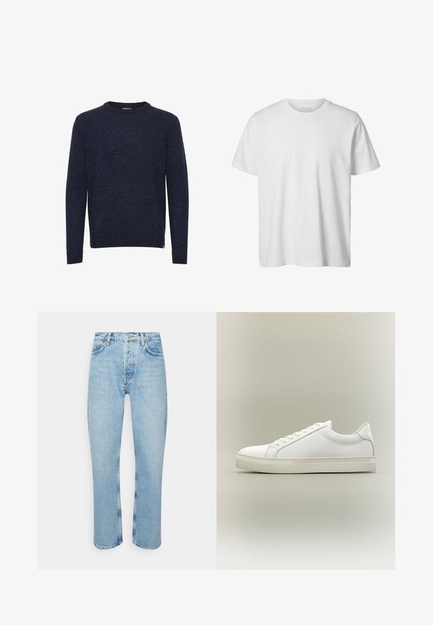 Pull bleu foncé à manches longues et col rond, design simple, sans motifs ni logos visibles, présenté sur fond blanc.; T-shirt blanc uni à manches courtes, col rond, coupe décontractée, sans logos ni motifs visibles à l'avant.; Jean en denim bleu clair avec une coupe droite, taille haute, design à cinq poches et détails de couture visibles sur les coutures et les ourlets.; Baskets blanches basses à lacets sur l’avant et semelle épaisse, vues de côté sur un fond neutre.