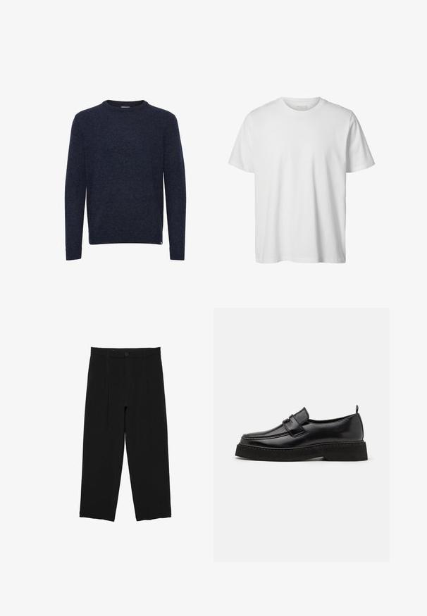 Mørkeblå langærmet sweater med rund hals, enkelt design, ingen synlige mønstre eller logoer, vist på hvid baggrund.; Enkelt hvid T-shirt med korte ærmer og rund hals, løs pasform og uden synlige logoer eller designs foran.; Sorte bukser med vide ben, bæltestropper, frontknap og plisseret design, vist mod en hvid baggrund.; Sorte læder loafersko i stil med flad, tekstureret sål, med en syet tå og en rem over vristen.