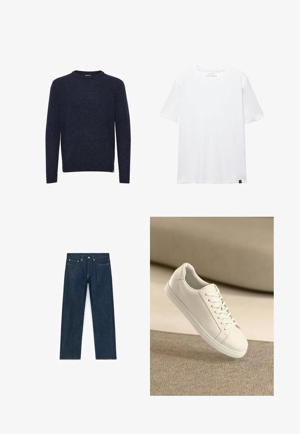 Mørkeblå langærmet sweater med rund hals, enkelt design, ingen synlige mønstre eller logoer, vist på hvid baggrund.; Hvid kortærmet T-shirt i almindelig pasform med rund halsudskæring og lille sort stofetiket i bundkanten.; Mørkeblå denimjeans med lige ben. Indeholder forlommer, metalbeslag og kontrasterende syninger.; Hvide lædersneakers med hvide snørebånd, præsenteret på en beige tekstureret overflade og med en blødt uskarp baggrund.