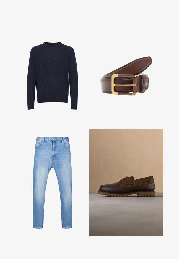 Jersey azul oscuro de manga larga y cuello redondo, diseño liso, sin patrones ni logotipos visibles, mostrado sobre un fondo blanco.; Jeans de mezclilla azul claro con un diseño de pierna recta, que cuentan con cinco bolsillos, un cierre de botón y un sutil desgaste en toda la tela.; Zapato casual marrón de cuero y ante con cordones y suela resistente, posicionado en el aire sobre suelo alfombrado beige y fondo de sofá.; The Bridge Cinturón - brown
