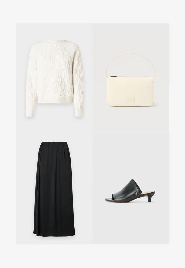 Suéter blanco de punto con un patrón de diamantes texturizado, cuello redondo y puños y dobladillo acanalados. Tejido suave con un aspecto acogedor.; Falda maxi negra con cinturilla elástica, confeccionada en una tela suave y ligera. Presenta una silueta fluida y sin estampados visibles.; Mules de cuero negro de punta abierta con un tacón bajo. Presentan una superficie lisa y un acento del logo dorado en el costado.; Bolso rectangular color crema con una sola correa y cremallera superior, con una pequeña placa de logotipo en relieve en el frente.