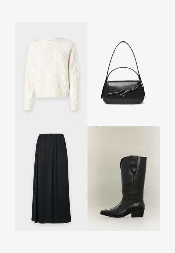 Hvid strikket sweater med et tekstureret diamantmønster, rund halsudskæring, og ribbede manchetter og kant. Blødt stof med et hyggeligt udseende.; Sort maxi-nederdel med elastisk talje, lavet af et glat, letvægtsstof. Har en flydende silhuet og ingen synlige mønstre.; Høj sort læder cowboystøvle med spids tå, kraftig hæl og trækstrop med lille gyldent logo.; Sort skuldertaske i læder med en buet klap, der er fastgjort med en rund metal spænde, og en slank, justerbar rem.