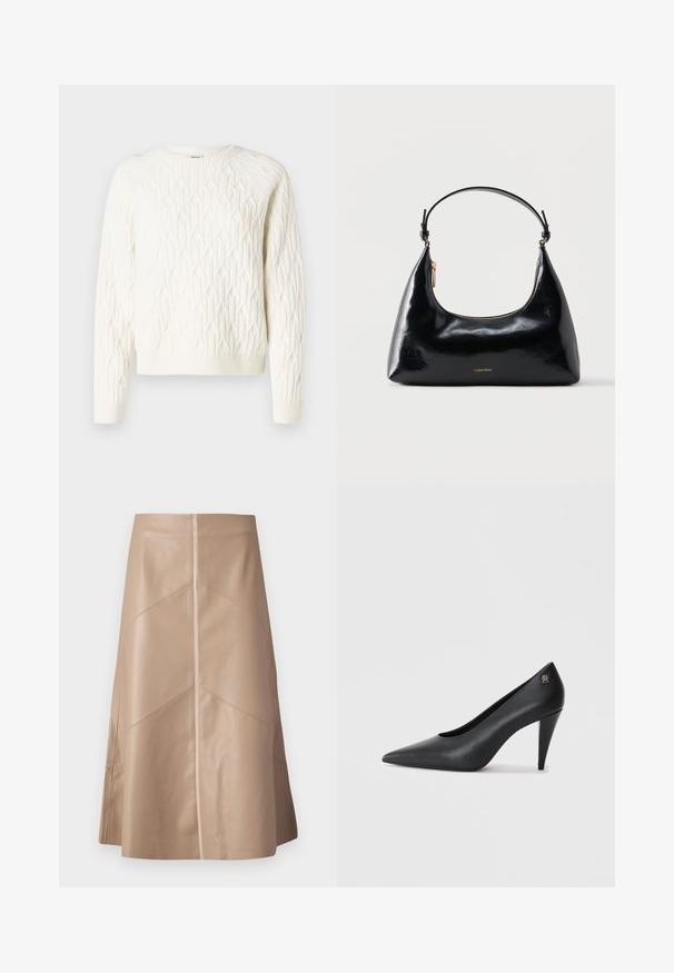 Hvid strikket sweater med et tekstureret diamantmønster, rund halsudskæring, og ribbede manchetter og kant. Blødt stof med et hyggeligt udseende.; Beige faux læder A-line nederdel med diskrete paneldetaljer og en glat mat overflade, knælang og højliv.; Sort læder højhælede pumps med spids tå, slankt design og en subtil guldlogo accent på hælen, der har en glat tekstur.; Sort blank Calvin Klein håndtaske med gyldent lynlås og kort rem mod en ensfarvet hvid baggrund.