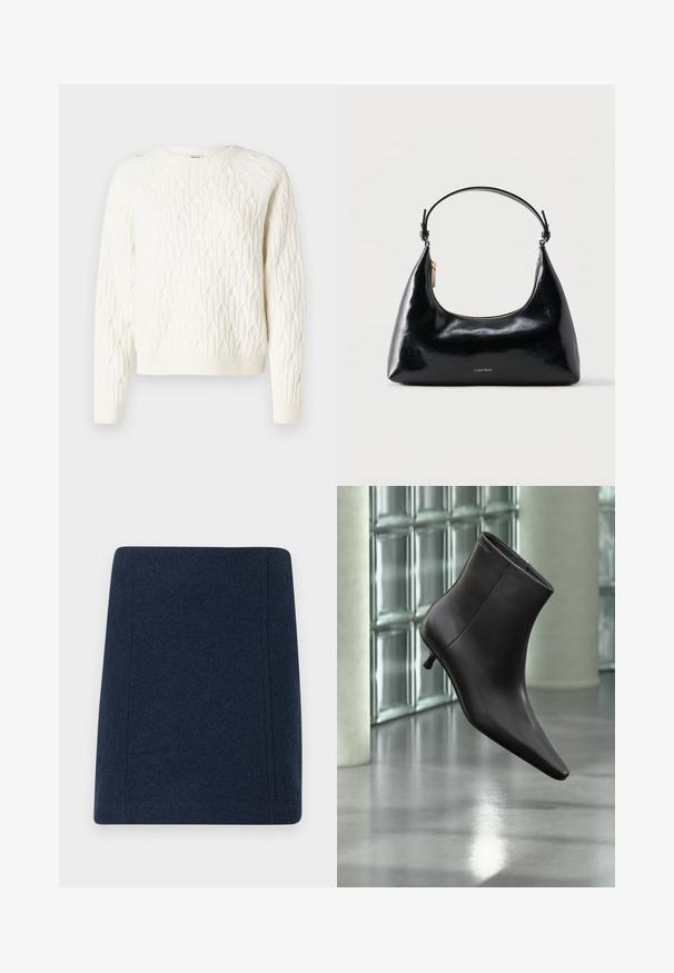 Suéter blanco de punto con un patrón de diamantes texturizado, cuello redondo y puños y dobladillo acanalados. Tejido suave con un aspecto acogedor.; Minifalda de lana en navy con forma recta, costuras planas y una textura suave. Sin patrones ni adornos visibles.; Bota de cuero negro para el tobillo con puntera puntiaguda y tacón pequeño, exhibida frente a una pared de bloques de vidrio y un suelo pulido.; Bolso negro brillante de Calvin Klein con cremallera dorada y correa corta sobre un fondo blanco liso.