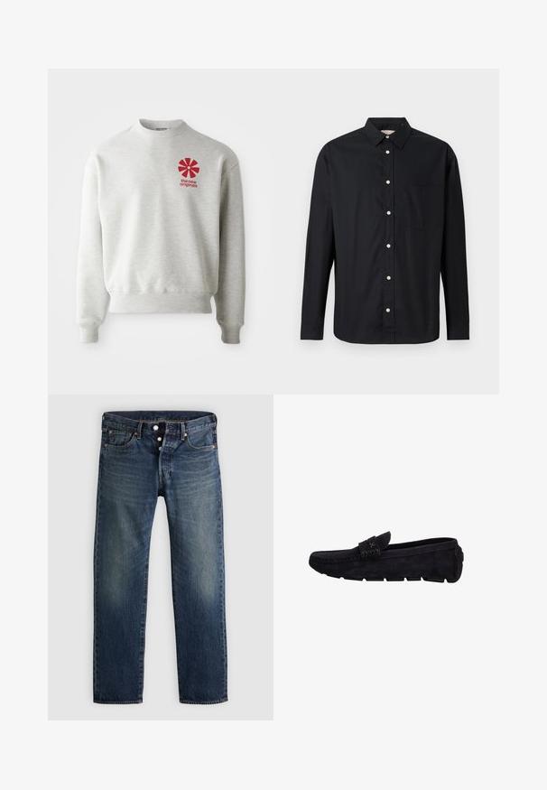 Lysegrå sweatshirt med ribbede manchetter og kant. Har et rødt grafisk logo på venstre brystområde. Lavet af blødt stof.; Sort langærmet skjorte med knapper, krave og brystlomme, præsenteret på en lys baggrund.; Klassiske jeans med lige ben lavet af blå denim, med fem lommer, knapgylp og diskret falming samt kobbernitter og syningsdetaljer.; Sort herre loafers i ruskind med gummisål opdelt i segmenter og syninger på overdelen, sideprofil på hvid baggrund.