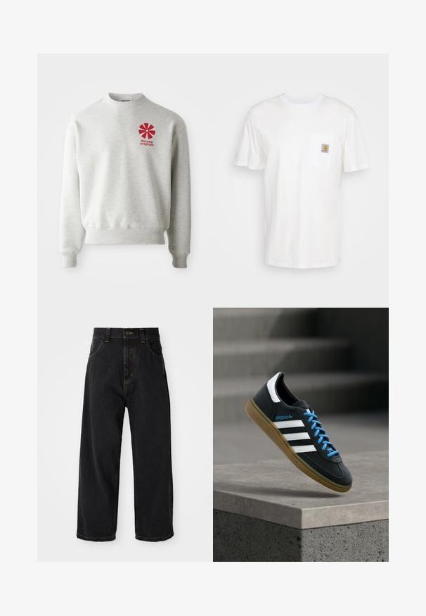 Lysegrå sweatshirt med ribbede manchetter og kant. Har et rødt grafisk logo på venstre brystområde. Lavet af blødt stof.; Hvid bomulds T-shirt med korte ærmer, en brystlomme, og et lille firkantet logo patch i orange og hvid på lommen.; Sorte denim jeans med vide ben og høj talje, frontknap, lynlås samt gule syninger på lommer og sømme.; Sort Adidas sneaker med hvide striber, blå snørebånd og gummisål, der svæver over gråt betontrin i blødt lys.