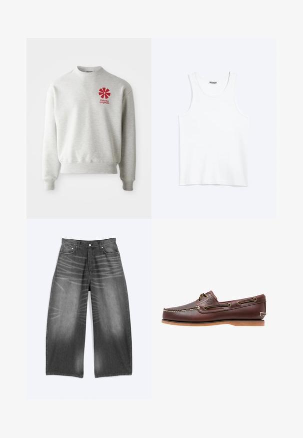 Hellgrau sweatshirt mit gerippten Bündchen und Saum. Beinhaltet ein rotes Grafiklogo auf der linken Brustseite. Hergestellt aus weichem Stoff.; Weißes ärmelloses Tanktop mit rundem Ausschnitt und Weekday-Markenetikett auf der Innenseite des hinteren Kragens, flach auf hellem Hintergrund dargestellt.; Weit geschnittene, ausgewaschene schwarze Jeans aus Denim mit Vordertaschen und Knopfverschluss, flach auf einem hellen Hintergrund liegend dargestellt.; Brauner Leder-Bootsschuh mit weißen Nähten, Schnürdetails und hellbrauner Gummisohle, seitlich auf weißem Hintergrund gezeigt.