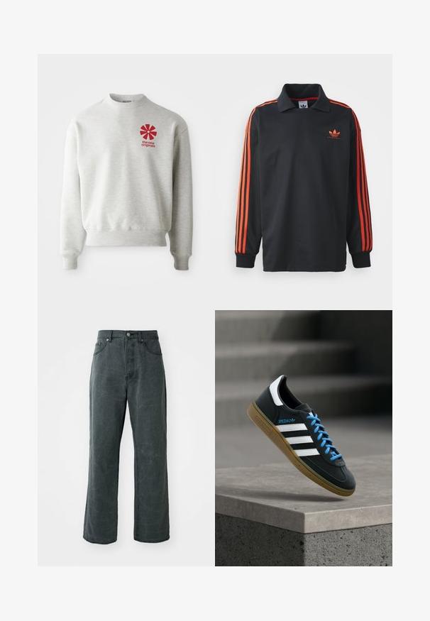 Lysegrå sweatshirt med ribbede manchetter og kant. Har et rødt grafisk logo på venstre brystområde. Lavet af blødt stof.; Sort langærmet polo med krave, prydet med røde striber på ærmerne og et lille rødt logo på brystet. Glat stofstruktur.; Bredde ben mørkegrå jeans lavet af denim, med høj talje, fem-lomme design og en subtil distressed tekstur.; Sort Adidas sneaker med hvide striber, blå snørebånd og gummisål, der svæver over gråt betontrin i blødt lys.