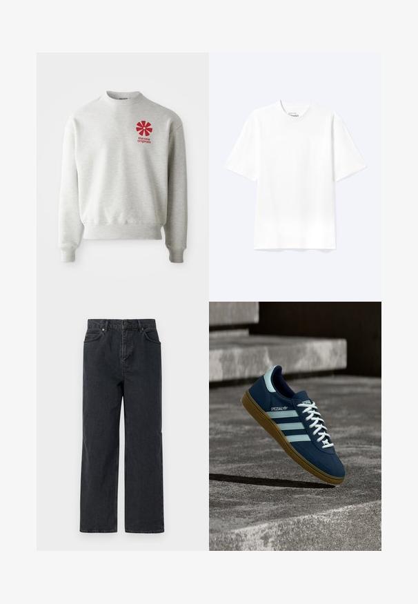 Hellgrau sweatshirt mit gerippten Bündchen und Saum. Beinhaltet ein rotes Grafiklogo auf der linken Brustseite. Hergestellt aus weichem Stoff.; Schlichtes weißes T-Shirt mit kurzen Ärmeln und Rundhalsausschnitt in entspannter Passform, auf hellem Hintergrund dargestellt.; Dunkelblaue Denim-Hosen mit weitem Bein, Fünf-Taschen-Design und Knopfverschluss. Enthält Hardware in kupferfarbener Ausführung und eine subtile Textur.; Blauer Adidas Spezial Sneaker mit weißen Streifen und Schnürsenkeln, Gummisohle, schwebend über rauer Betonoberfläche und Treppen im Hintergrund.
