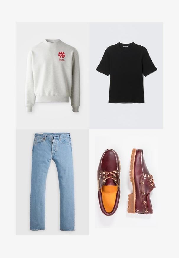 Lysegrå sweatshirt med ribbede manchetter og kant. Har et rødt grafisk logo på venstre brystområde. Lavet af blødt stof.; Sort kortærmet T-shirt med rund hals og "WEEKDAY" mærke på indersiden af kraven, vist fladt på en lys baggrund.; Lys blå lige ben denim jeans med knaplukning, bæltestropper og for- og baglommer, vist på en hvid baggrund.; Bordeaux lædersko med brune gummisåler, rund tå, hvid syning og gyldne snøringer. Indersiden har et gult for.