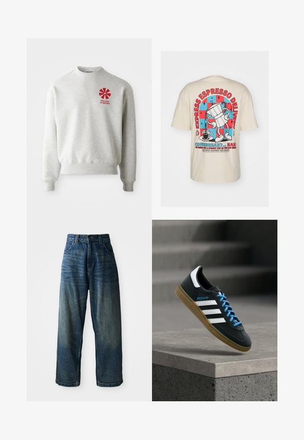 Lysegrå sweatshirt med ribbede manchetter og kant. Har et rødt grafisk logo på venstre brystområde. Lavet af blødt stof.; Cremefarvet t-shirt med et grafisk design, hvor en espressomaskine hælder kaffe, sammen med fed røde og blå accenter og tekst.; Bredde ben blå denimjeans med en falmet finish. Har fem lommer, knaplukning og kontrasterende syninger. Tyk stof.; Sort Adidas sneaker med hvide striber, blå snørebånd og gummisål, der svæver over gråt betontrin i blødt lys.