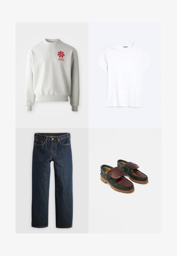 Lysegrå sweatshirt med ribbede manchetter og kant. Har et rødt grafisk logo på venstre brystområde. Lavet af blødt stof.; Enkelt hvid T-shirt med korte ærmer og rund hals med synligt WEEKDAY-mærke i kraven, vist på en lys baggrund.; Mørkeblå denimjeans med en lige ben-snit. Har fem lommer, kontrastsyning og knaplukning i taljen.; Lædersko med en mørkegrøn krop og en burgunderrød top, rund tå, fastgjort klap og tekstureret gummisål med riller.