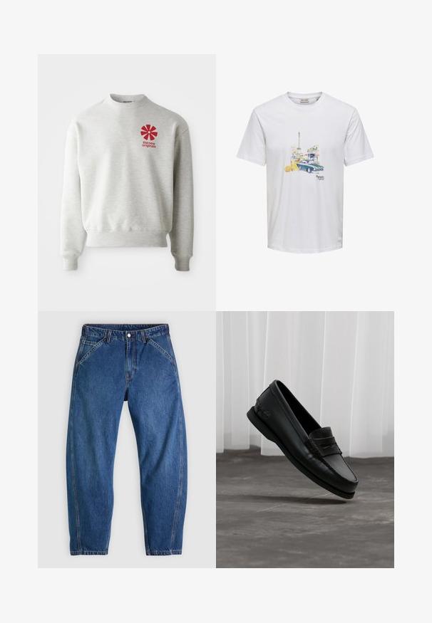 Lichtgrijze sweatshirt met ribgebreide manchetten en zoom. Heeft een rood grafisch logo op de linkerkant van de borst. Gemaakt van zachte stof.; Wit T-shirt met print van de Eiffeltoren, oldtimer, oranje drankje met bloem en de tekst "Parisien Lifestyle" middenvoor.; Blauwe spijkerbroek met een ontspannen pasvorm, voorzien van een knoopsluiting, vijf zakken en contrasterende oranje stiksels. Gladde textuur over het hele oppervlak.; Zwarte leren loafer met moc-toe en penny-bandje, licht gekanteld boven een grijze vloer, witte verticale jaloezieën op de achtergrond.