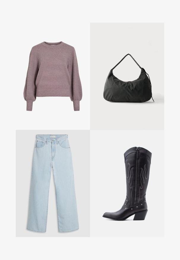 Strikket pullover i blød lilla med rund hals, lange ballonærmer og ribkant i nederkant og ved ærmerne for en struktureret finish.; Lyseblå, vide jeans med høj talje, der har knap- og lynlås lukning, dobbelte forlommer foran og diskrete syningsdetaljer.; Sorte cowboystøvler i læder med spids tå, synlige sømme, sølvfarvede nitte-detaljer og lynlås på den indvendige side.; Sort blødt stof skuldertaske med enkelt strop og let rynket tekstur mod en ensfarvet lys baggrund.